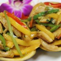 Mango Chicken · Spicy. Sauteed chicken, fresh mango, bell pepper, carrot, fresh green chili, basil, and cele...