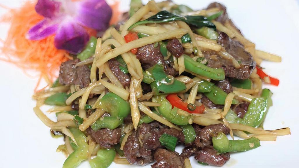 Lemongrass Beef · Spicy. Lemongrass beef stir fried with bell pepper, bamboo shoot, basil, and fresh green chili. Served with steamed jasmine rice. Spicy.