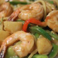 Pineapple Shrimp · Spicy. Sauteed shrimp, pineapple, bamboo shoot, basil, and bell pepper with curry sauce. Ser...