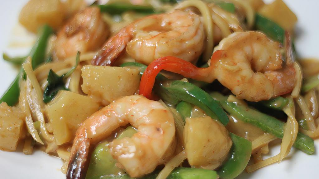 Pineapple Shrimp · Spicy. Sauteed shrimp, pineapple, bamboo shoot, basil, and bell pepper with curry sauce. Served with steamed jasmine rice. Spicy lowest level mild.