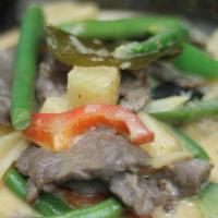 Pineapple Curry · Red curry with coconut milk, pineapple chunks, bell peppers, string beans, bamboo shoot, and...