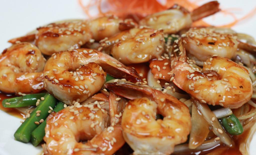 Teriyaki Shrimp · Grilled with teriyaki sauce, served with vegetables and sesame seeds. Includes steamed jasmine rice.
