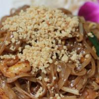 Pad Thai · Thin rice noodles stir fried with bean sprouts, egg, scallion, and spicy chili topped with g...