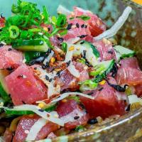Hawaiian Classic · Ahi tuna, green and sweet onion, hijiki seaweed, cucumber, chili flakes, sesame seeds, mitsu...