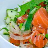 Shiso Salmon · Salmon, green and sweet onion, edamame, cucumber, sesame seeds, fresh shiso, ponzu fresh sau...