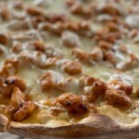 Buffalo Chicken Pie · 18” round, 8 slice pie topped with Louisiana style spicy chicken pieces drizzled with mild B...