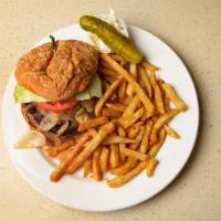 Black Jack Burger (Deluxe) · Cajun seasoned and topped with grilled onions and cheddar cheese.