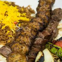 Koobideh Kebab · Gluten free. Two skewers of grilled seasoned ground beef and lamb.