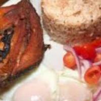 Dasilog · Fried marinated milkfish, garlic rice and eggs.