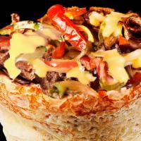 Philly Cheese Steak · Philly steak, roasted peppers & onions, melted cheddar cheese, salt & pepper. Gluten-free.