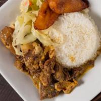 Larege Curried Goat · Goat meat cut into small pieces, well seasoned and cooked with aromatic spices and herbs

Pl...