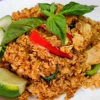 Spicy Basil Fried Rice · Thai basil leaves, fried egg, onion, bell pepper, and chili, . Mixed with rice. Spicy.