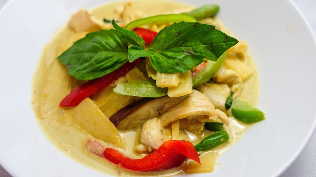 Green Curry · Spicy. Hot and light sweet authentic Thai Green Curry sauce with eggplant, bamboo shoots, pineapple and basil leaves with coconut milk. Served with jasmine rice. Spicy. Gluten free.
