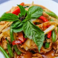 Pad Krapow · Spicy. Basil, Thai chili, string beans, onion, bell pepper and garlic basil sauce. Served wi...