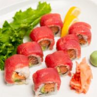 Pink Lady · salmon, avocado, crunch, topped with red tuna