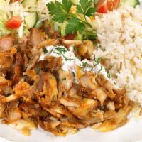 Chicken Gyro Over Rice · Sizzling thin sliced chicken gyro topped with pepper, onions, lettuce, tomatoes, white sauce...