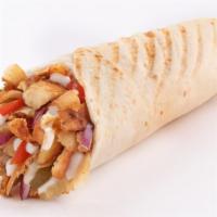 Chicken Gyro · Delicious Gyro made with Chicken, Peppers, onions, lettuce, tomato, hot sauce, and white sau...