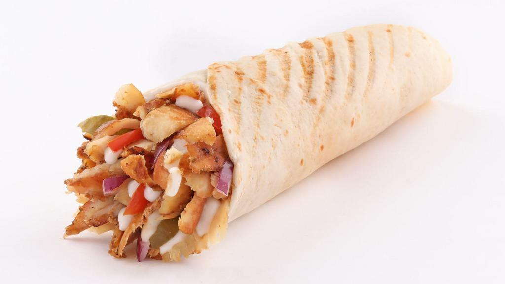 Chicken Gyro · Delicious Gyro made with Chicken, Peppers, onions, lettuce, tomato, hot sauce, and white sauce.