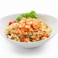 Shrimp Gyro Over Rice · Delicious Gyro made with Sizzling Shrimp, Peppers, onions, lettuce, tomato, hot sauce, and w...