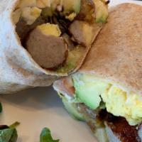Breakfast Burrito · Avocado, tomatoes, pepper jack cheese, potatoes, scrambled eggs, and mayo on a whole-wheat w...
