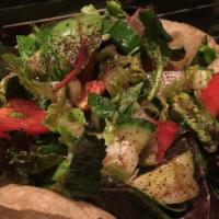Fattoush '' House Salad'' · Mixed greens, radish, tomatoes, cucumber, fresh mint, onion, toasted pita bread, sumac and l...