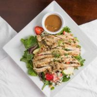 Apple Berry Salad · Marinated grilled chicken, mixed greens, strawberries, apples, crumbled blue cheese, walnut ...