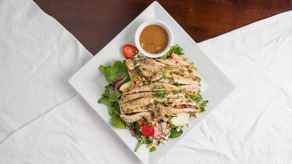 Apple Berry Salad · Marinated grilled chicken, mixed greens, strawberries, apples, crumbled blue cheese, walnut and balsamic vinaigrette dressing.