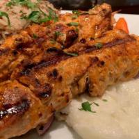 Chicken Kabab Platter · Chicken cubes marinated and grilled. Served with grilled vegetables and choice of side.
