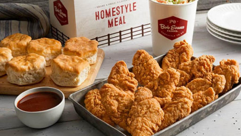 Homestyle Fried Chicken Tender Family Meal · Twelve Homestyle Fried Chicken Tenders served with choice of dipping sauce, 2 family size sides and a dozen freshly baked rolls. Now you can upgrade to a 3-course meal! Serves up to 6.