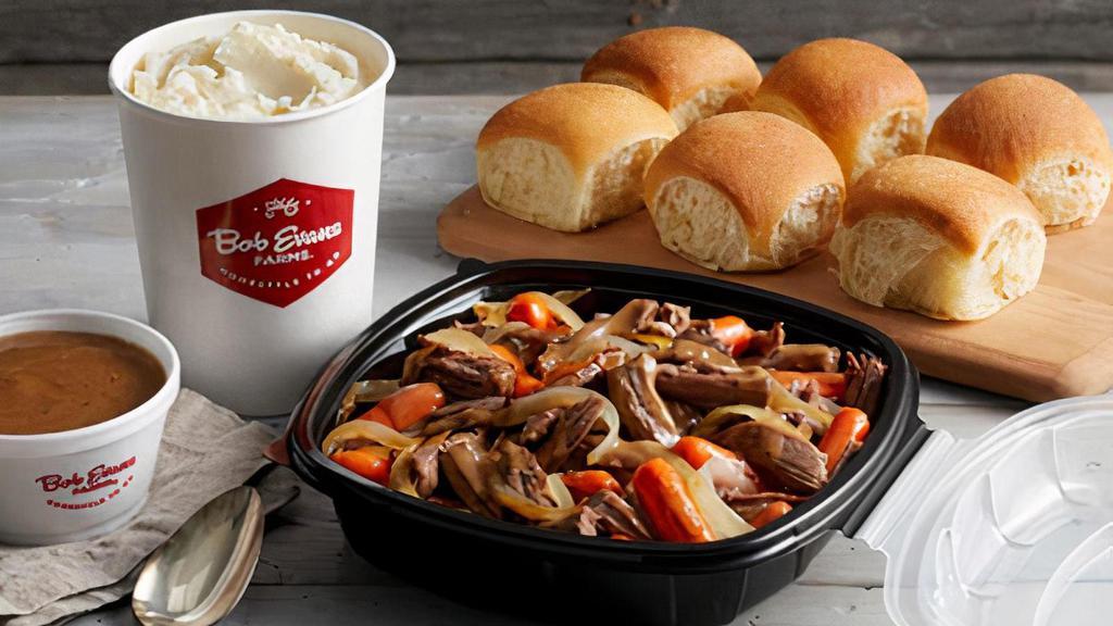 Fork-Tender Pot Roast Family Meal  · Fork-Tender Pot Roast with carrots, onions and beef gravy served with your choice of 2 family size sides and a dozen freshly baked rolls. Now you can upgrade to a 3-course meal! Serves up to 6.