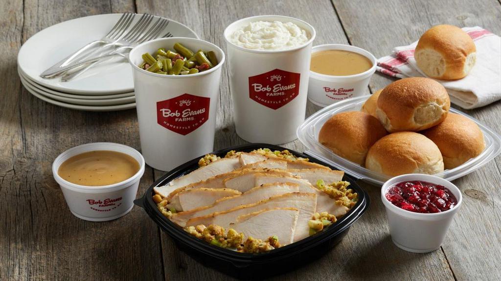 Slow-Roasted Turkey & Dressing Family Meal  · Our classic family dinner comes with Slow-Roasted Turkey & Dressing served with chicken gravy, cranberry relish, two family size sides and a dozen freshly baked rolls. Now you can upgrade to a 3-course meal! Serves up to 6.