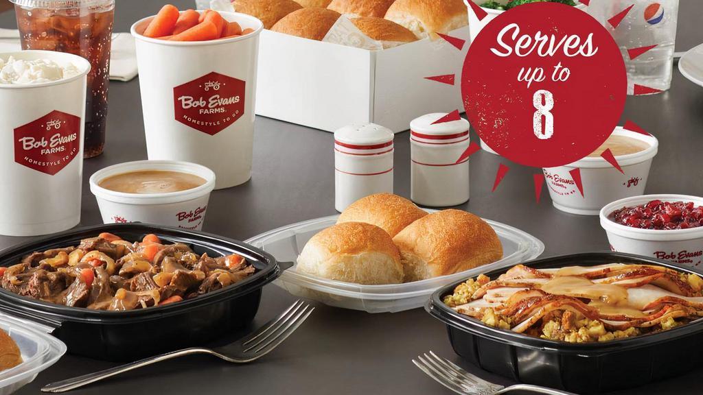 Double Entrée Family Meal Deal · Slow-Roasted Turkey and Dressing paired with your choice of a second entrée, including our Fork-Tender Pot Roast, 12 Homestyle Fried Chicken Tenders, Country-Fried Steak, Hand-Breaded Fried Chicken or Grilled Chicken. Served with three family-size sides and a dozen freshly-baked dinner rolls. Serves up to 8.
