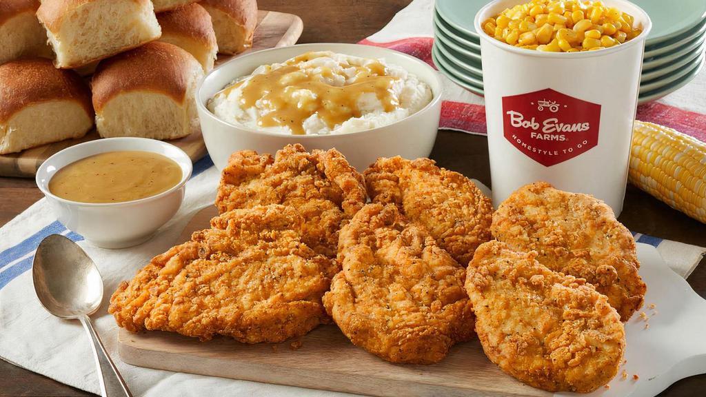 Hand-Breaded Fried Chicken Family Meal · Six hand-breaded all white meat chicken breasts served with 2 family size sides and a dozen freshly baked rolls. Now you can upgrade to a 3-course meal! Serves up to 6.