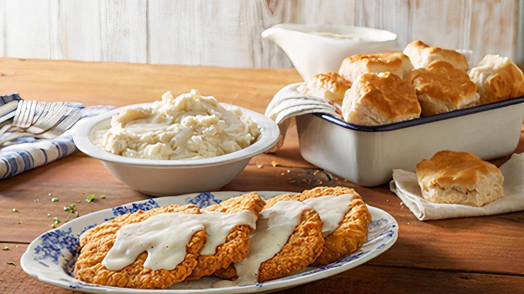 Country-Fried Steak Family Meal  · Six pieces of Country-Fried Steak topped with country gravy and served with 2 family size sides and a dozen freshly baked rolls. Now you can upgrade to a 3-course meal! Serves up to 6.