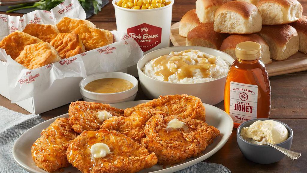Honey Butter Chicken And Biscuit Family Meal · Six hand-breaded fried chicken breasts with real clover honey , butter, six biscuits, your choice of 2 family size sides and a dozen freshly baked rolls. Serves up to 6.