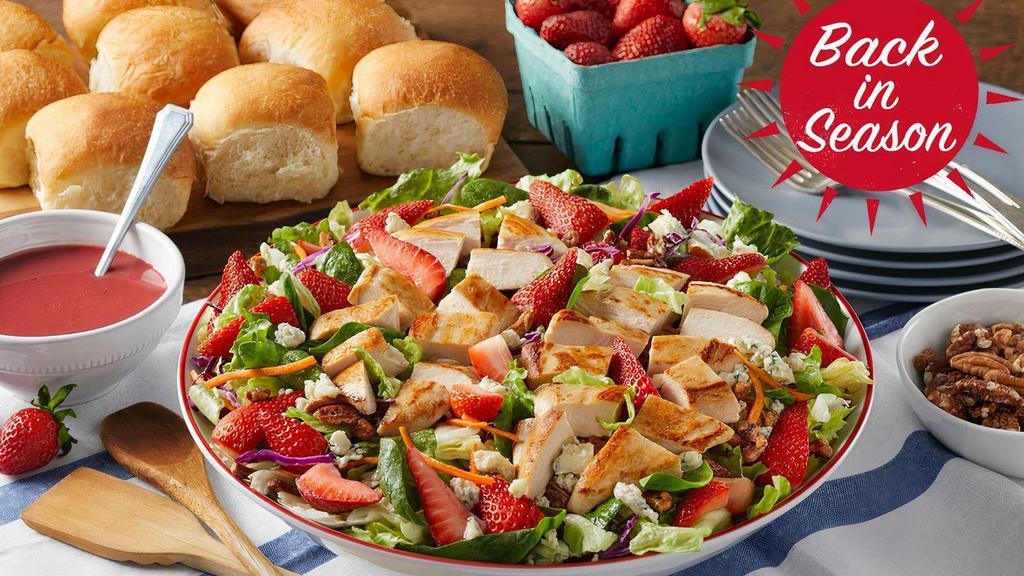 Family Size Summer Berry Salad · Enjoy a burst of vine-ripened strawberries with chicken grilled-to-perfection, pecans and real blue cheese on a bed of fresh greens.