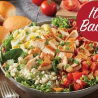 Family Size Grilled Chicken Cobb Salad · Grilled chicken, crispy bacon, hard boiled eggs, fresh-diced tomatoes and green onions on a ...