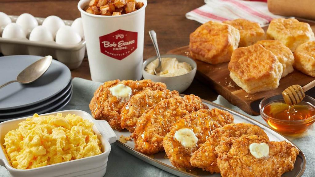 Honey Butter Chicken And Biscuit Family Breakfast · Six hand-breaded fried chicken breasts with real clover honey, butter, six split biscuits, family size portion of eggs cooked to order, and your choice of family size home fries, hash browns or fresh fruit. Serves up to 6.