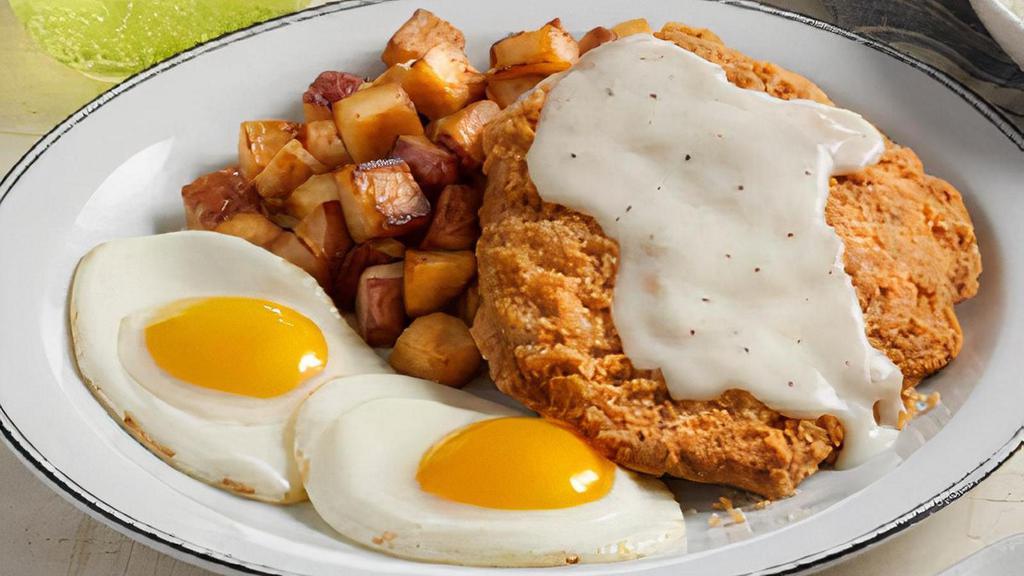 Country-Fried Steak & Farm-Fresh Eggs* · Lightly breaded tender premium beef smothered with country gravy and served with two fresh-cracked eggs* cooked-to-order with your choice of. hash browns or home fries and freshly-baked biscuits