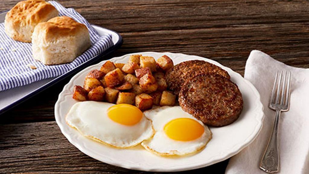 Rise & Shine · Two fresh-cracked eggs* cooked-to-order with your choice of premium breakfast meat, choice of hash browns, home fries or fresh-cut fruit and freshly-baked biscuits