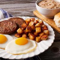 Homestead Farmer · Our signature sausage gravy and freshly-baked biscuits with two fresh-cracked eggs* cooked-t...