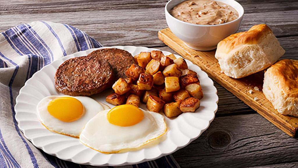 Homestead Farmer · Our signature sausage gravy and freshly-baked biscuits with two fresh-cracked eggs* cooked-to-order, choice of premium breakfast meat and choice of hash browns, home fries