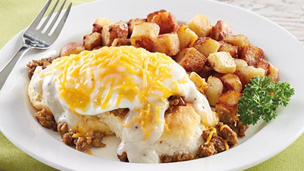 Country Biscuit · A buttermilk biscuit topped with one egg* cooked-to-order, crumbled Bob Evans® sausage, country gravy and cheddar cheese. Served with hash browns or home fries