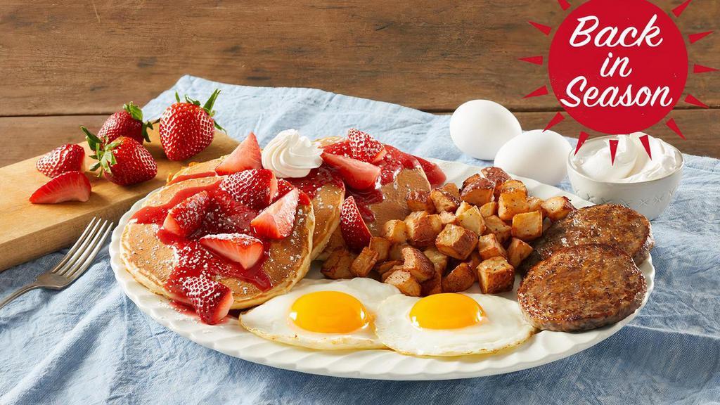 Fresh Berry Farmer'S Choice · Our best breakfast - topped with vine-ripened strawberries! Pick three buttermilk hotcakes or two slices of thick-cut brioche French toast topped with strawberries, strawberry sauce, powdered sugar and whipped topping. Plus, your favorite farm-famous breakfast meat, two fresh-cracked eggs cooked to order*, and your choice of hash browns or home fries.
