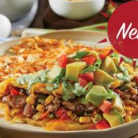 Southwest Avocado Omelet · Three-egg omelet filled with farm-famous sausage, fire-roasted corn & black beans and chedda...