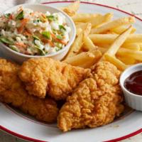 Homestyle Fried Chicken Tenders · Three crispy chicken tenders served choice of two sides and dinner rolls