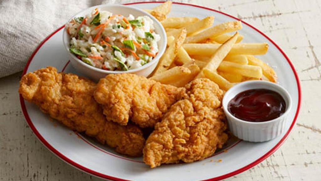 Homestyle Fried Chicken Tenders · Three crispy chicken tenders served choice of two sides and dinner rolls