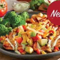 Southwest Avocado Chicken · Two freshly grilled chicken breasts  topped with fresh avocado, diced tomatoes, crispy torti...