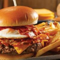 Rise & Shine Burger · Our legendary breakfast—and a burger— in every bite! 100% black Angus beef patty with crispy...