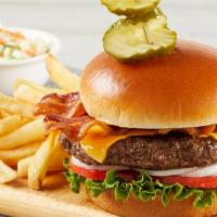 Bacon Cheeseburger · 100% black Angus beef topped with hardwood-smoked bacon, American cheese, lettuce, tomato, o...